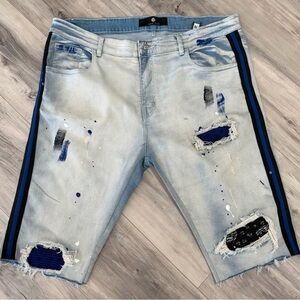 Light Blue Distressed Denim Men's Shorts with Blue Stripe